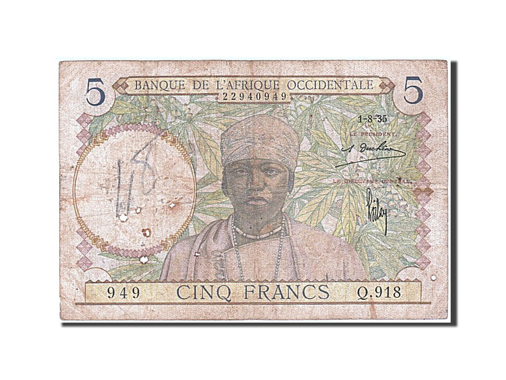 French West Africa, 5 Francs, 1935, KM #21, 1935-08-01, F(12-15), Q.918