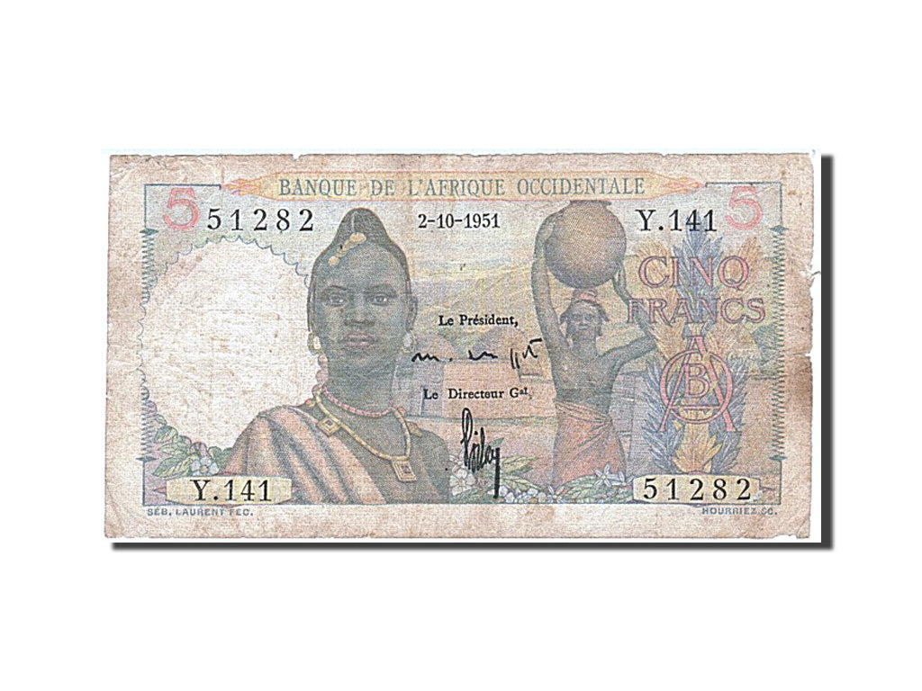 French West Africa, 5 Francs, 1951, KM #36, 1951-10-02, F(12-15), Y.141