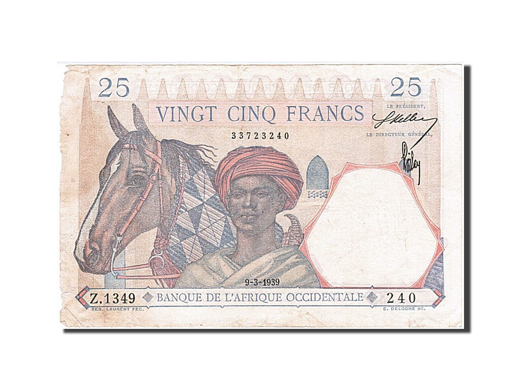 French West Africa, 25 Francs, 1939, KM #22, 1939-03-09, VF(20-25), Z.1349