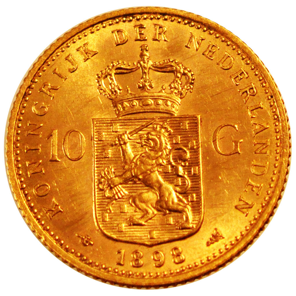 NETHERLANDS, 10 Gulden, 1898, Utrecht, KM #124, AU(55-58), Gold, 22.5, 6.72