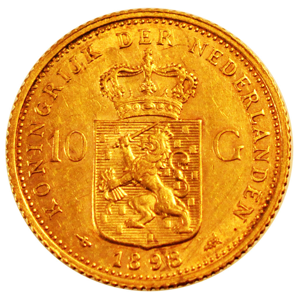 NETHERLANDS, 10 Gulden, 1898, Utrecht, KM #124, AU(50-53), Gold, 22.5, 6.71