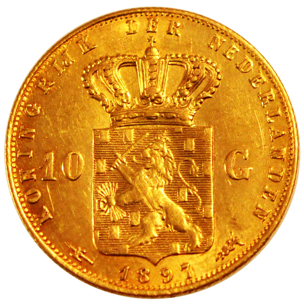 NETHERLANDS, 10 Gulden, 1897, Utrecht, KM #118, AU(55-58), Gold, 22.5, 6.71