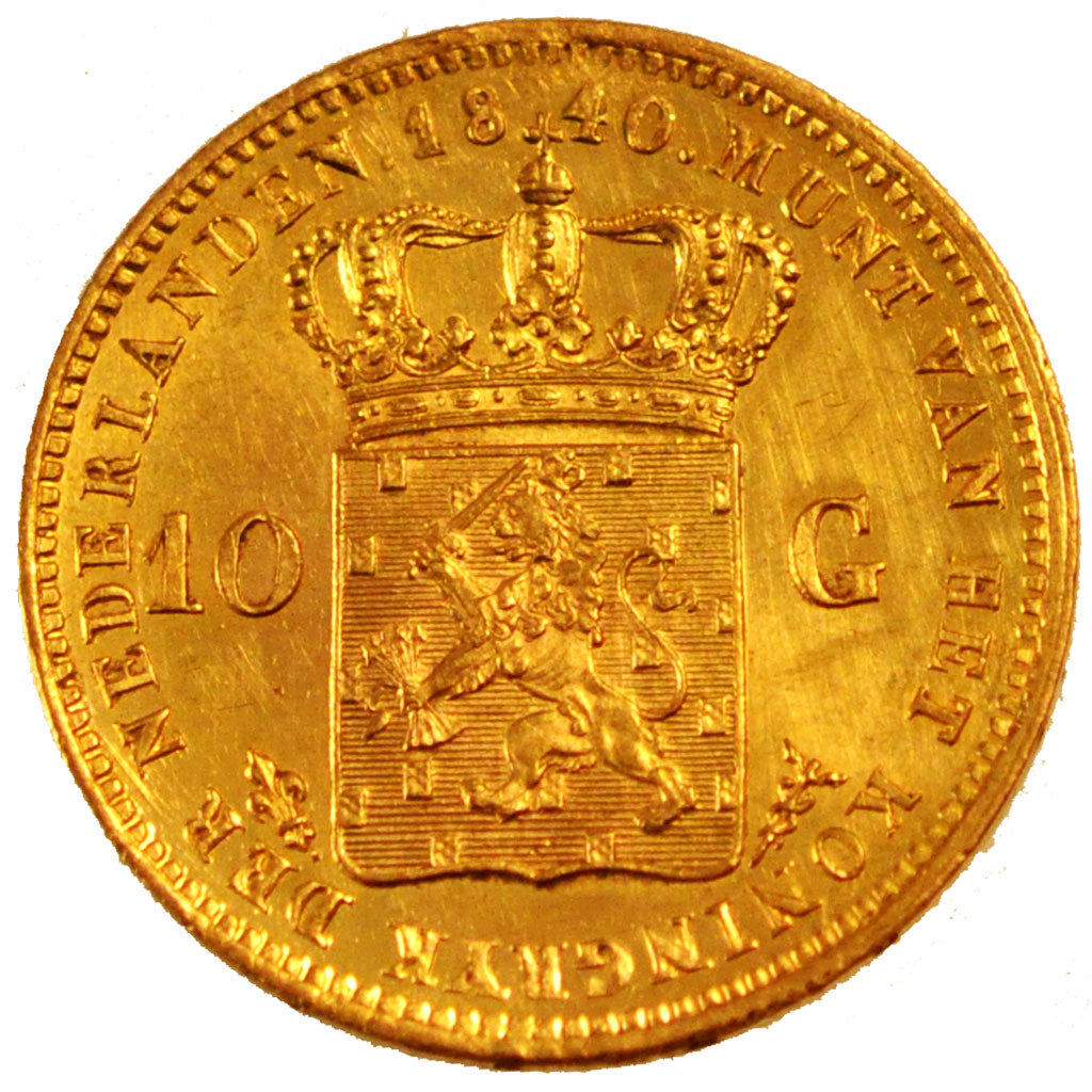 NETHERLANDS, 10 Gulden, 1840, Utrecht, KM #56, AU(55-58), Gold, 22.5, 6.72
