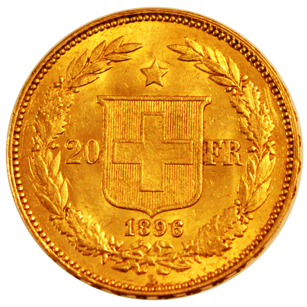 SWITZERLAND, 20 Francs, 1896, Bern, KM #31.3, AU(55-58), Gold, 6.44