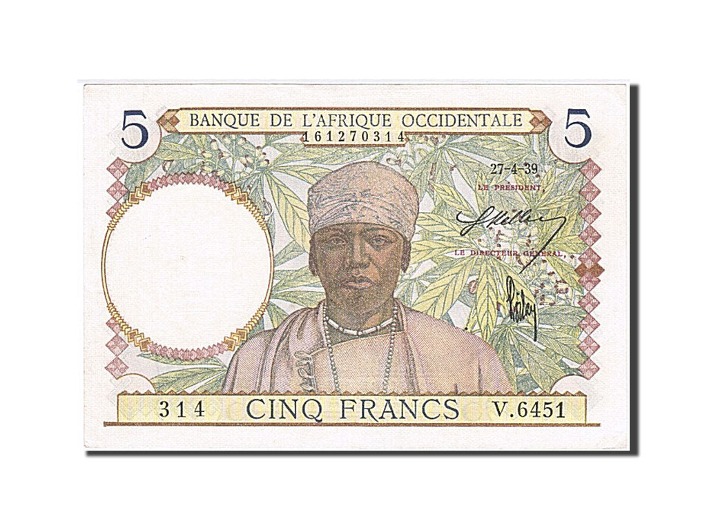 Banknote, French West Africa, 5 Francs, 1939, 1939-04-27, UNC(63)