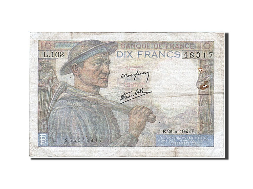 France, 10 Francs, 10 F 1941-1949 ''Mineur'', 1945, KM #99e, 1945-04-26,...