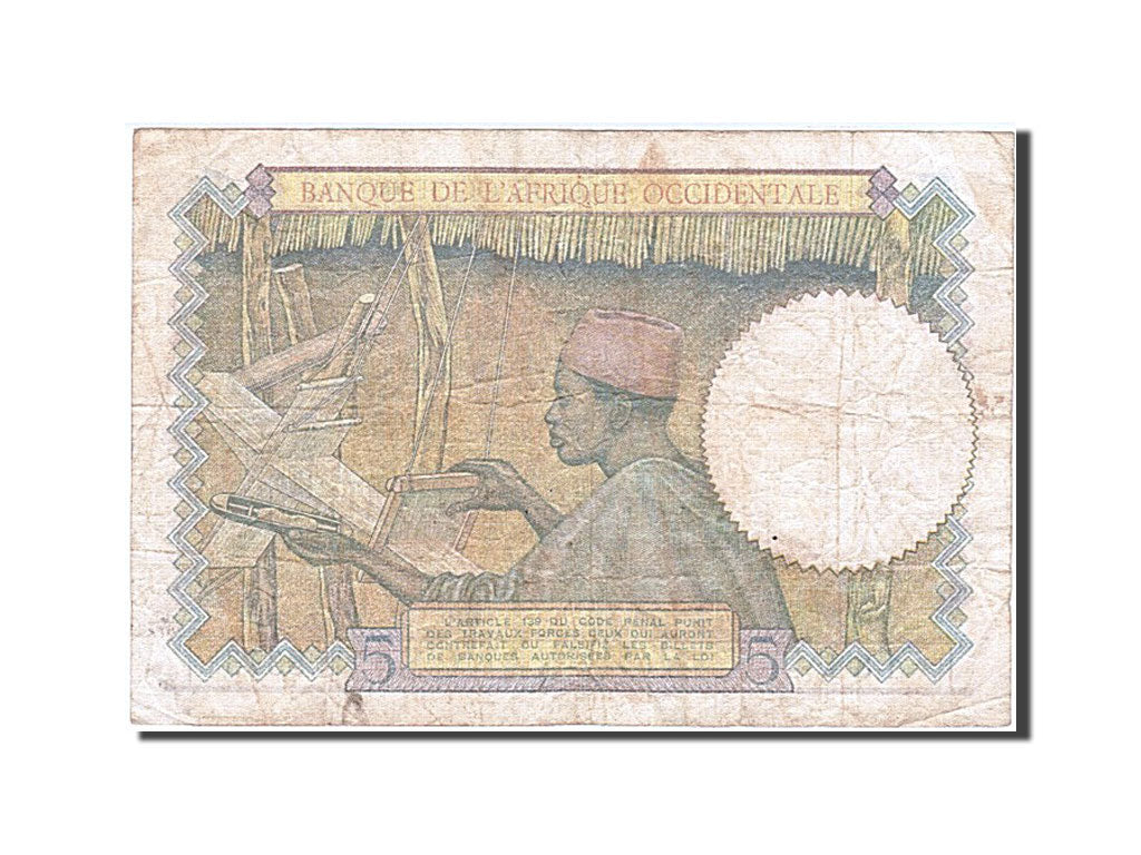 French West Africa, 5 Francs, 1942, KM #21, 1942-04-22, VF(20-25), Y.8373