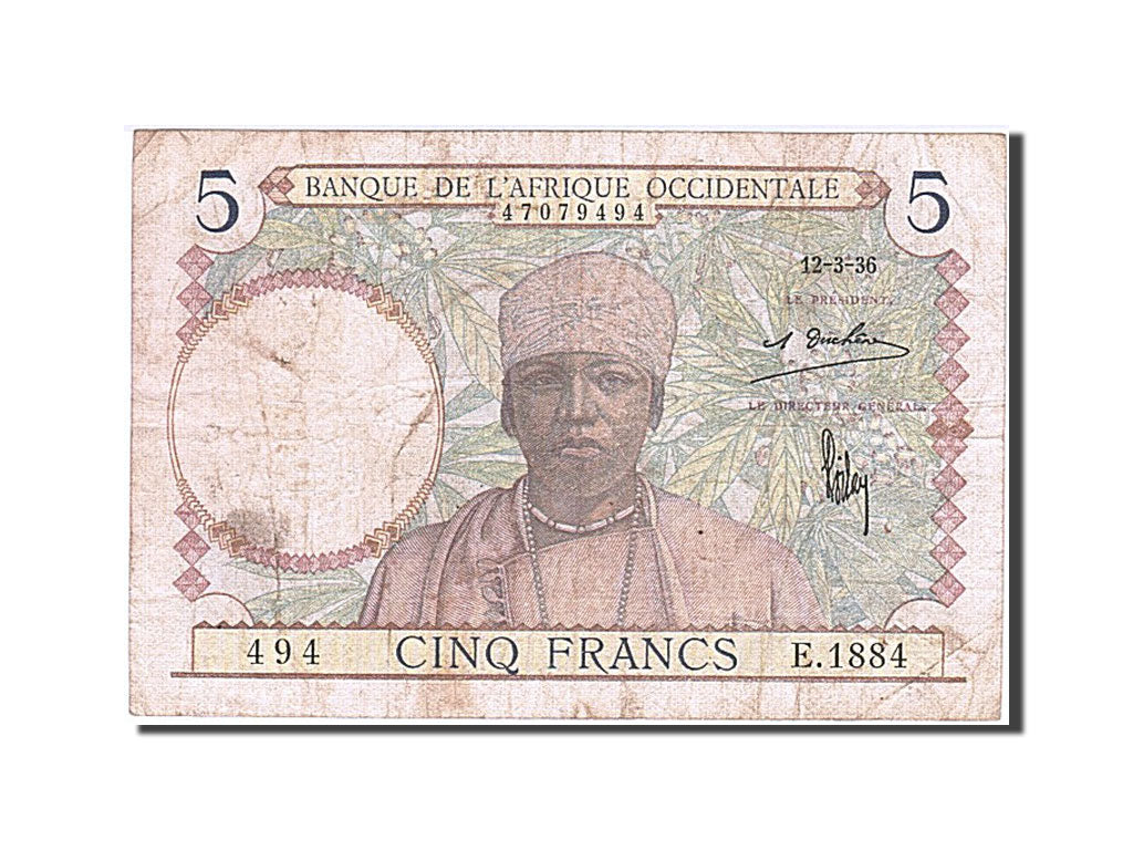 French West Africa, 5 Francs, 1936, KM #21, 1936-03-12, VF(30-35), E.1884