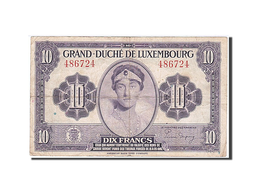 Luxembourg, 10 Francs, 1944, KM #44a, VF(30-35), 486724