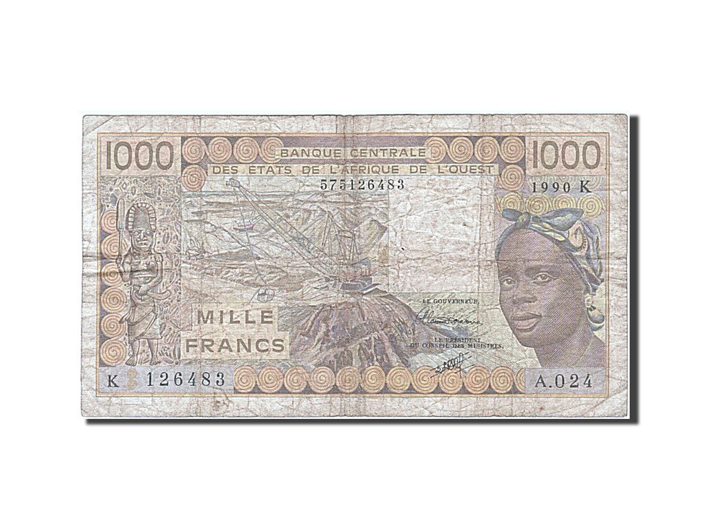 West African States, 1000 Francs, 1990, KM #207Bi, VF(20-25), A.024