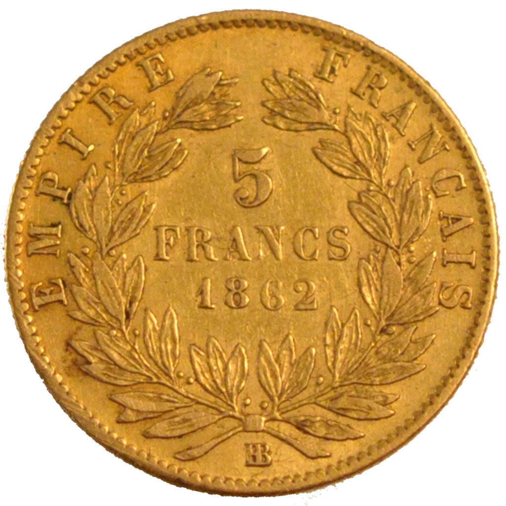 FRANCE, Napoléon III, 5 Francs, 1862, Strasbourg, KM #803.2, EF(40-45), Gold, G.