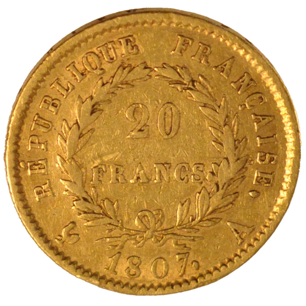 FRANCE, Napoléon I, 20 Francs, 1807, Paris, KM #A687.1, VF(30-35), Gold, Gadoury