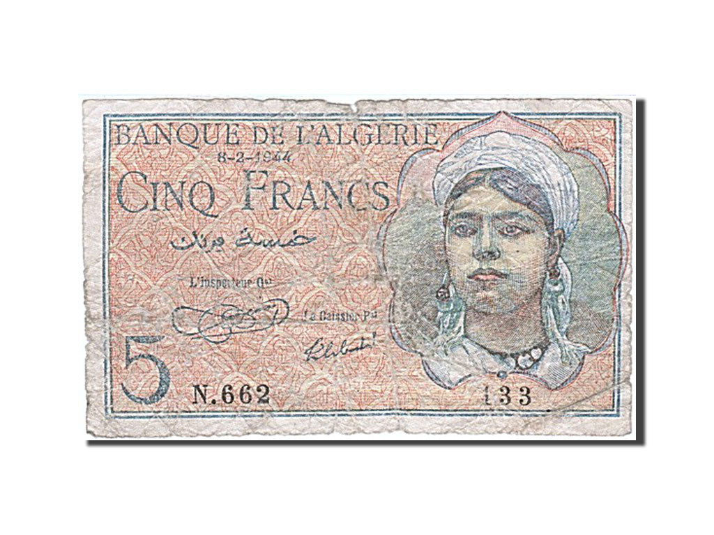 Algeria, 5 Francs, 1944, KM #94a, 1944-02-08, VG(8-10), N.662