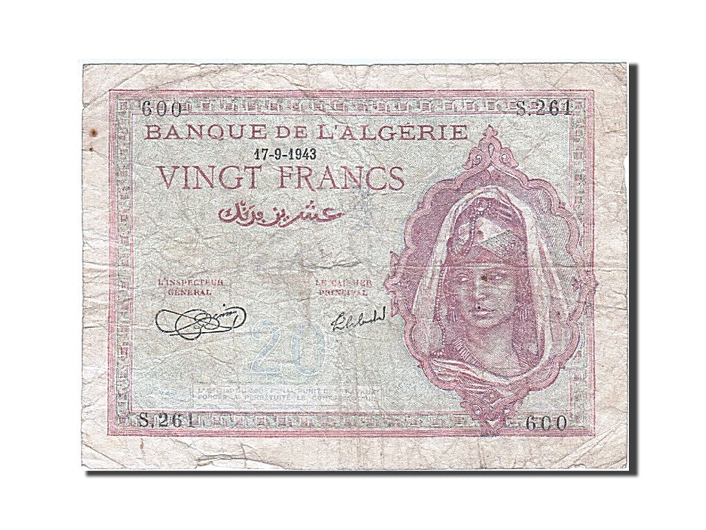 Algeria, 20 Francs, 1943, KM #92a, 1943-09-17, VG(8-10), S.261