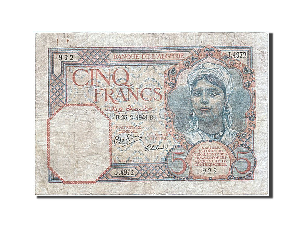 Algérie, 5 Francs, type 1913-1926