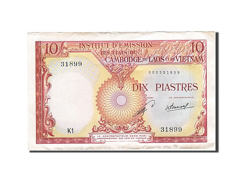French Indo-China, 10 Piastres = 10 Kip, 1953, KM #102, EF(40-45), K1 31899