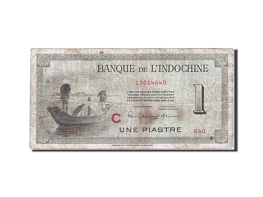 French Indo-China, 1 Piastre, 1945, KM #76b, VF(20-25), 13014640