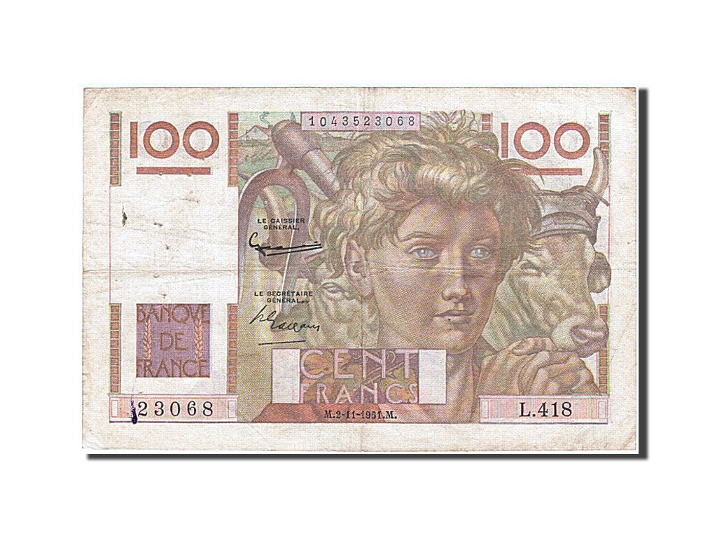 Billete, Francia, 100 Francs, 100 F 1945-1954 ''Jeune Paysan'', 1951