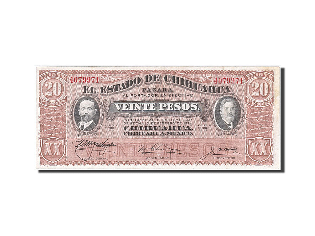 Banknote, Mexico - Revolutionary, 20 Pesos, 1915, 1915-03-27, EF(40-45)