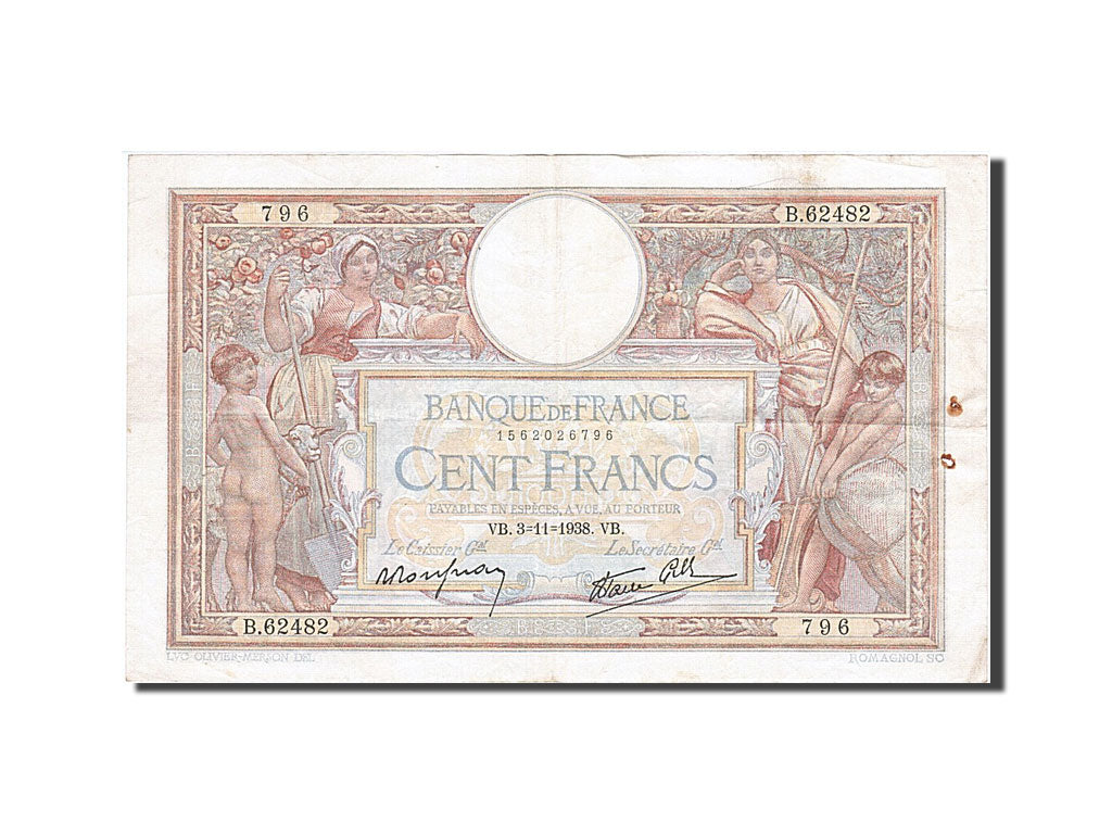 France, 100 Francs, 100 F 1908-1939 ''Luc Olivier Merson'', 1938, KM #86b,...