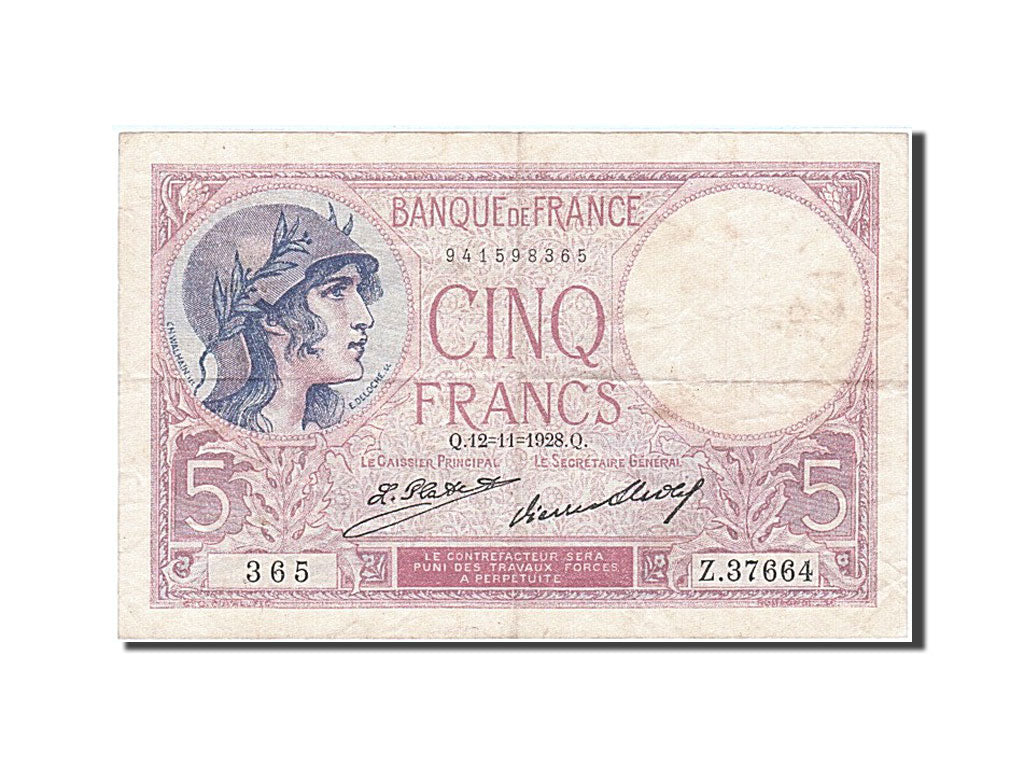 France, 5 Francs, 5 F 1917-1940 ''Violet'', 1928, KM #83, 1928-11-12,...