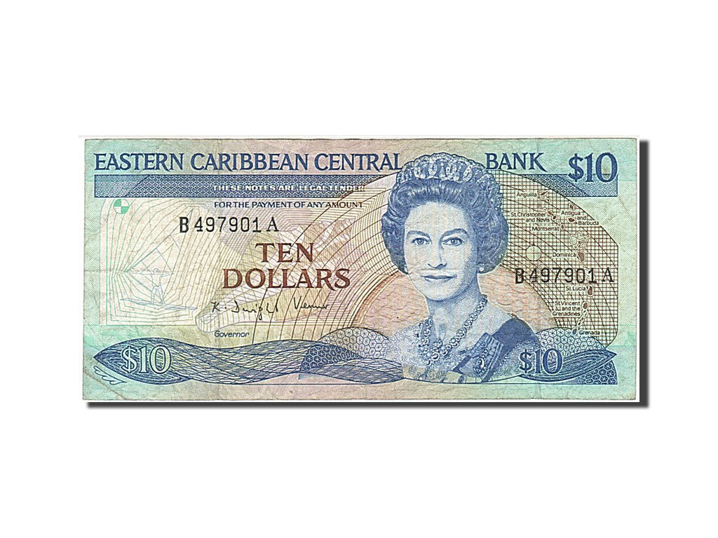 East Caribbean States, 10 Dollars, 1985, KM #23a2, VF(20-25), B 497901 A