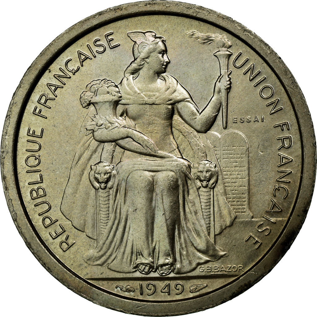 Coin, FRENCH OCEANIA, 2 Francs, 1949, MS(60-62), Copper-nickel, Lecompte:20