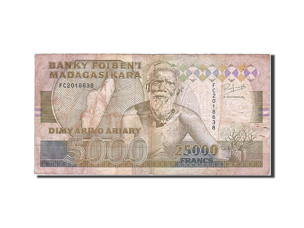Madagascar, 25,000 Francs = 5000 Ariary, 1993, KM #74A, VF(20-25), FC 2018638