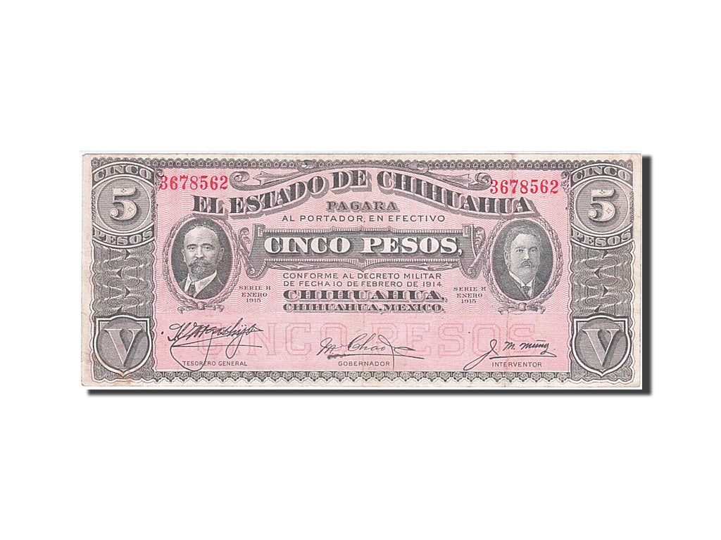 Banknote, Mexico - Revolutionary, 5 Pesos, 1915, 1915-01-01, EF(40-45)
