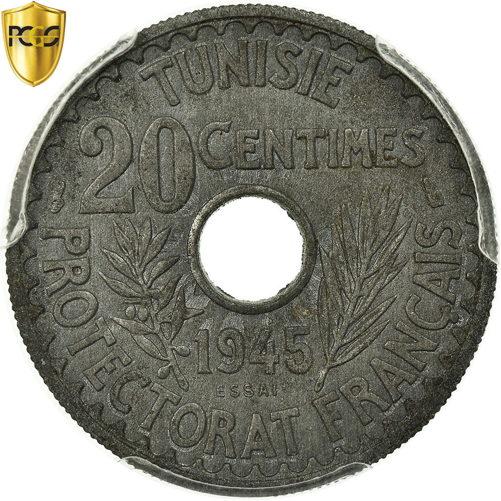 Túnez, Muhammad al-Amin Bey, 20 Centimes, AH 1364/1945, Paris, Cinc, PCGS, SC