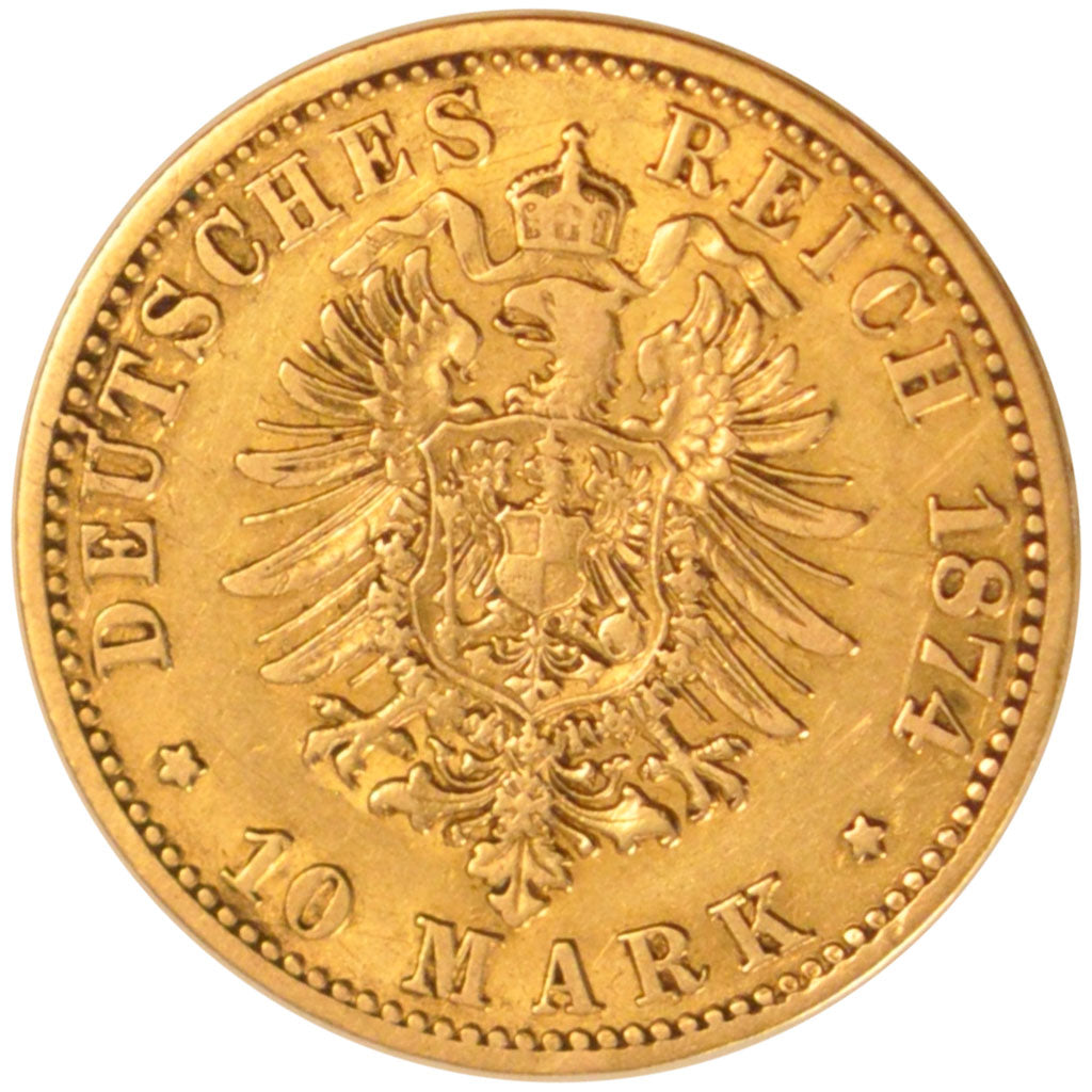 GERMAN STATES, 10 Mark, 1874, Berlin, KM #504, VF(30-35), Gold, 3.90