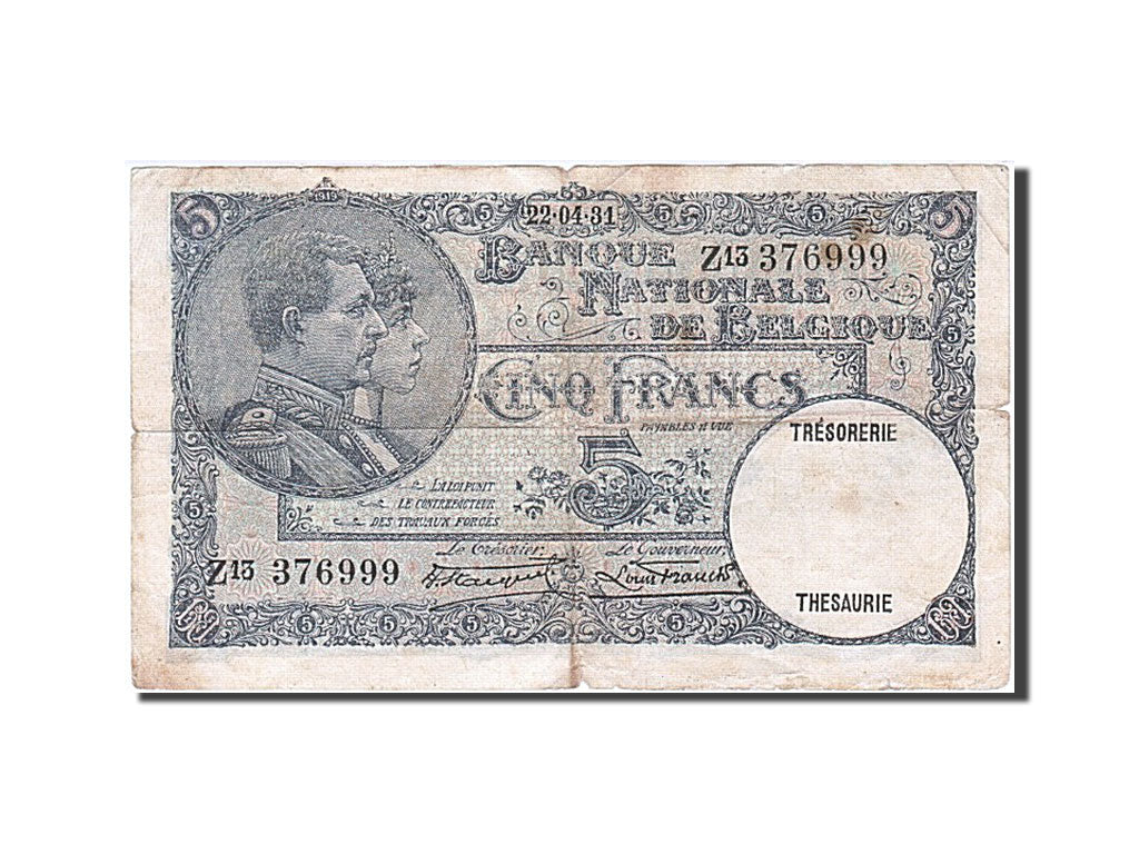 Belgium, 5 Francs, 1931, KM #97b, 1931-04-22, VG(8-10), Z13 376999