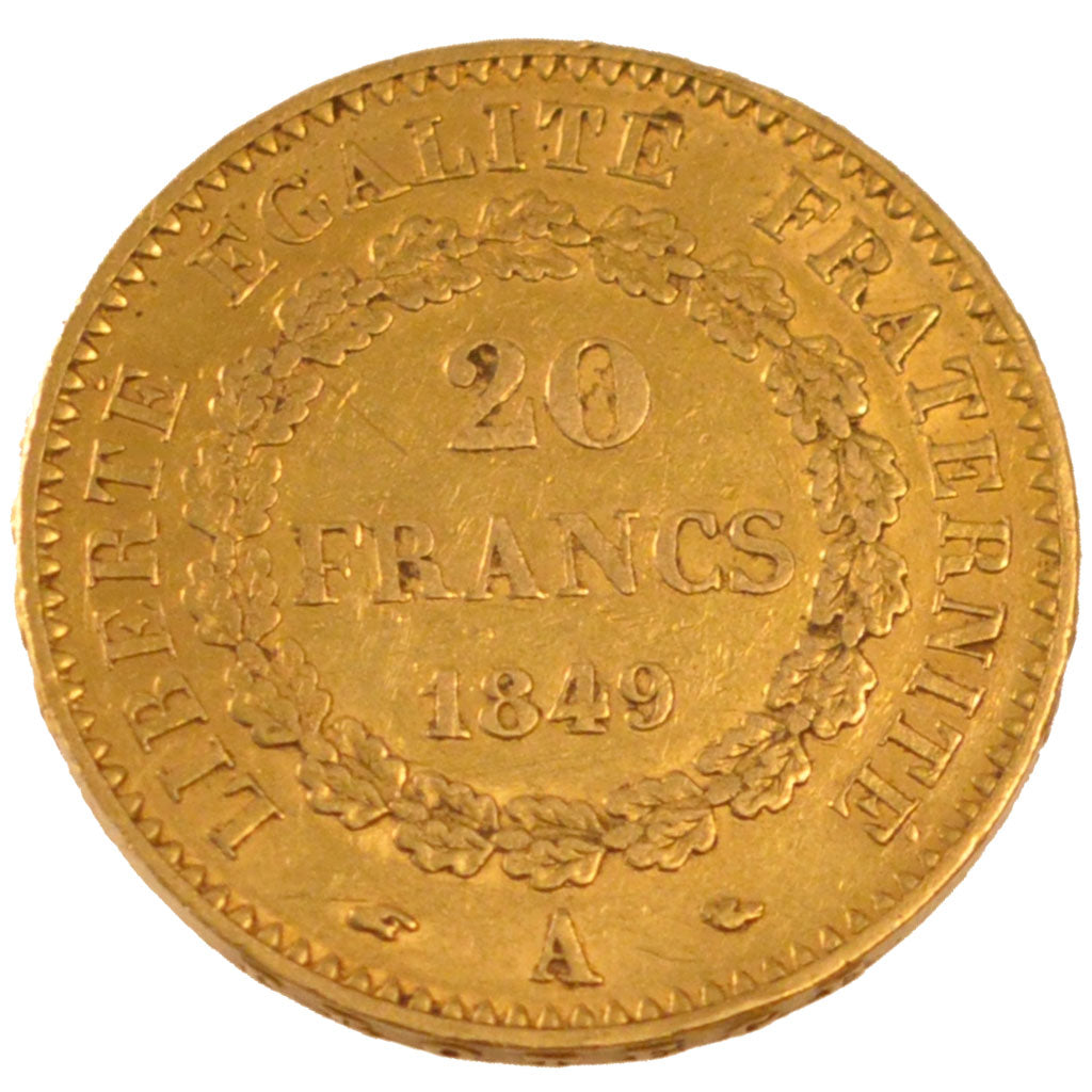 FRANCE, Génie, 20 Francs, 1849, Paris, KM #757, AU(50-53), Gold, Gadoury #1032, 