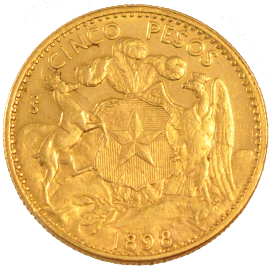 CHILE, 5 Pesos, 1898, Santiago, KM #159, AU(55-58), Gold, 16.5, 2.99