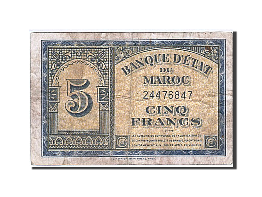 Morocco, 5 Francs, 1944, KM #24, 1944-03-01, VF(20-25), 24476847