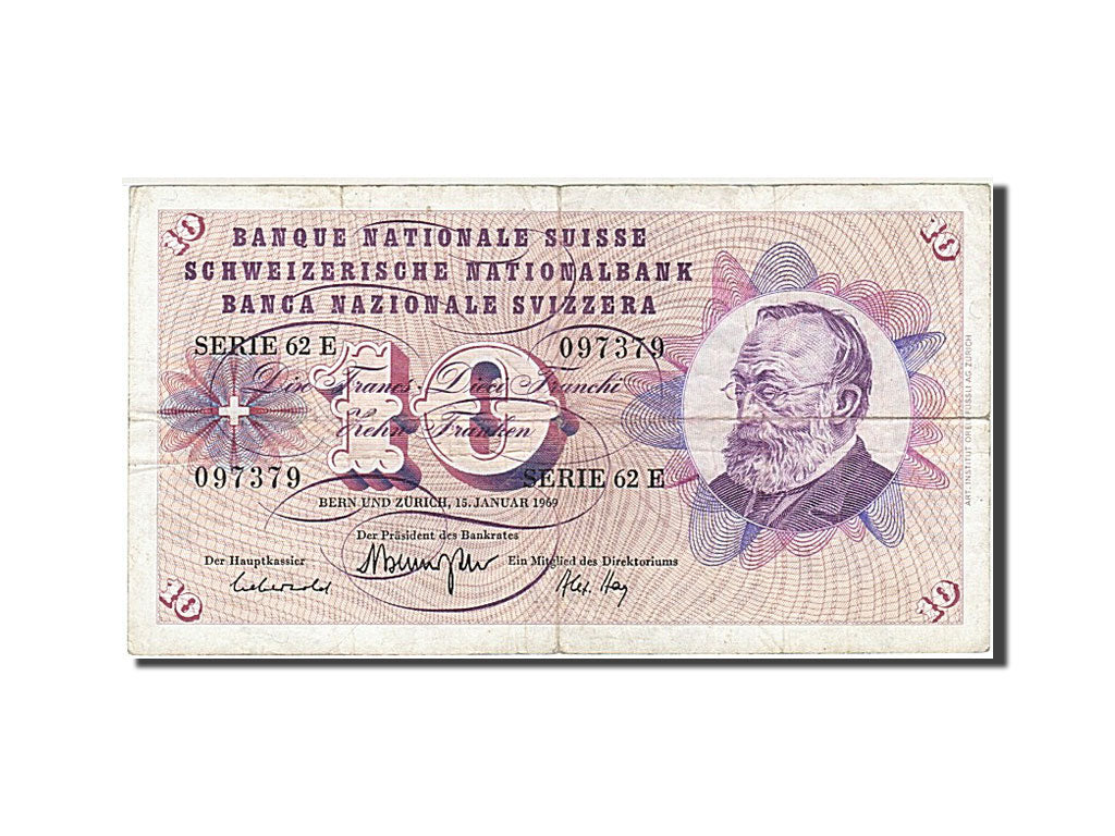 Switzerland, 10 Franken, 1969, KM #45o, 1969-01-15, VF(20-25), 62 E 097379