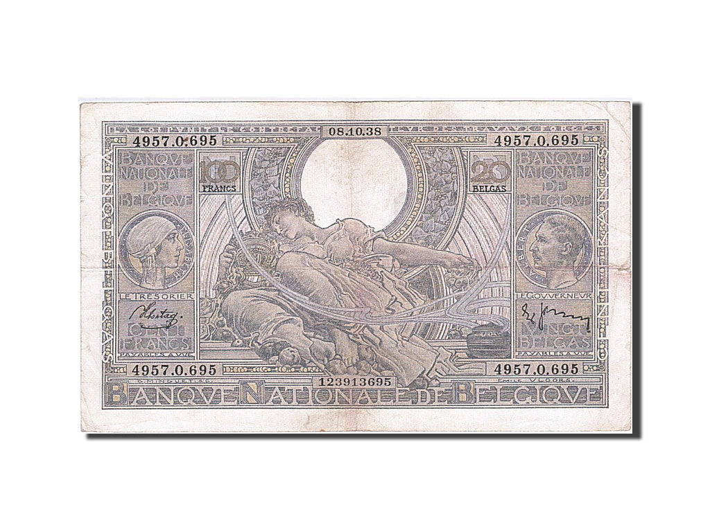 Belgium, 100 Francs-20 Belgas, 1938, KM #107, 1938-10-08, VF(20-25), 4957.0.695
