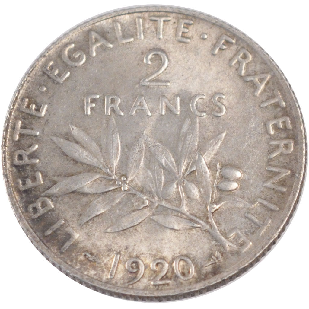 FRANCE, Semeuse, 2 Francs, 1920, Paris, KM #845.1, AU(55-58), Silver, 27,...