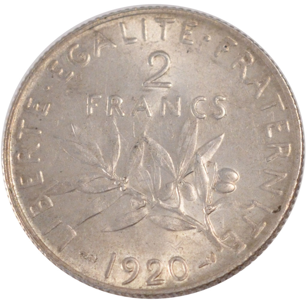 FRANCE, Semeuse, 2 Francs, 1920, Paris, KM #845.1, MS(60-62), Silver, 27,...