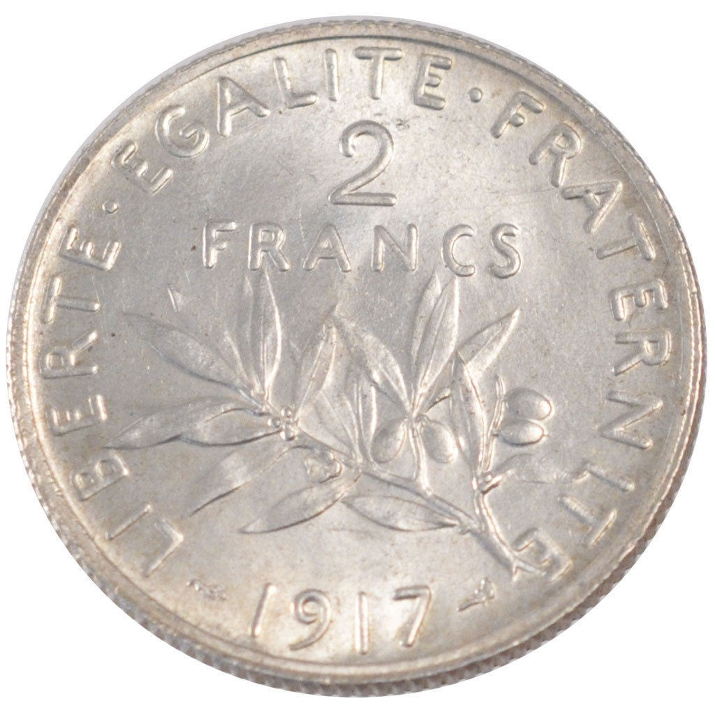 FRANCE, Semeuse, 2 Francs, 1917, Paris, KM #845.1, MS(60-62), Silver, 27,...