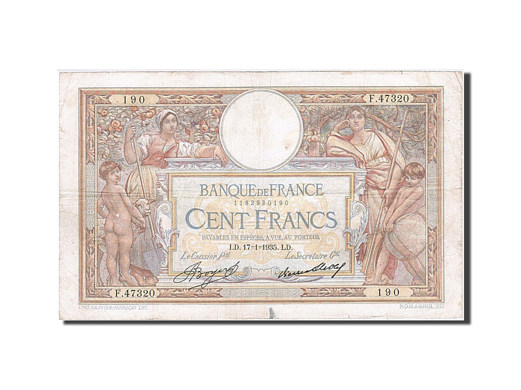 France, 100 Francs, 100 F 1908-1939 ''Luc Olivier Merson'', 1935, KM #78c,...