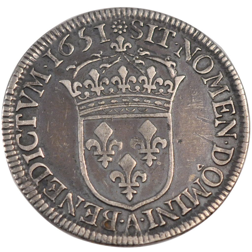 FRANCE, 1/2 Écu à la mèche longue, 1/2 ECU, 1651, Paris, KM #164.1, VF(30-35), S