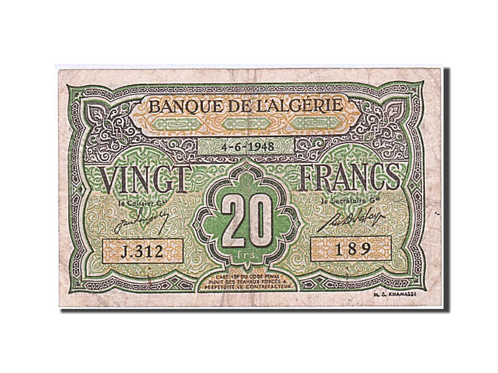 Algeria, 20 Francs, 1948, KM #103, 1948-06-04, VF(30-35), J.312 189