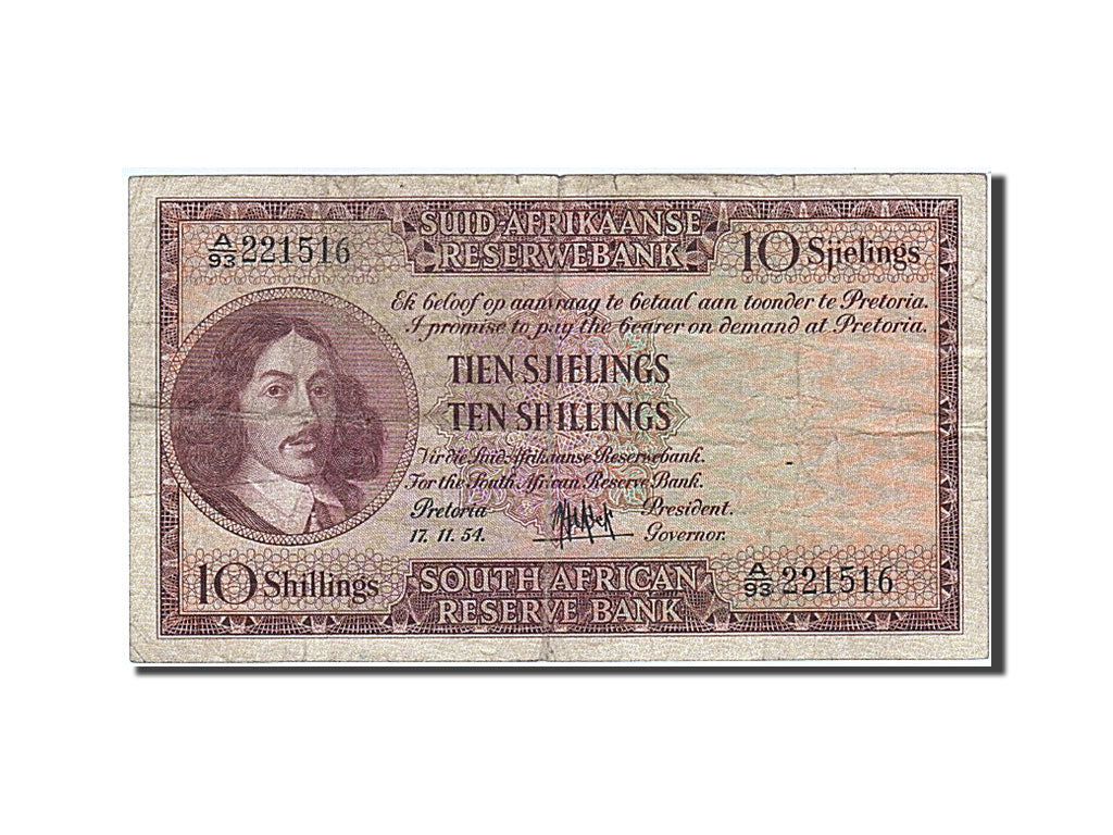 South Africa, 10 Shillings, 1954, KM #91d, 1954-11-17, VF(20-25), A/93 221516