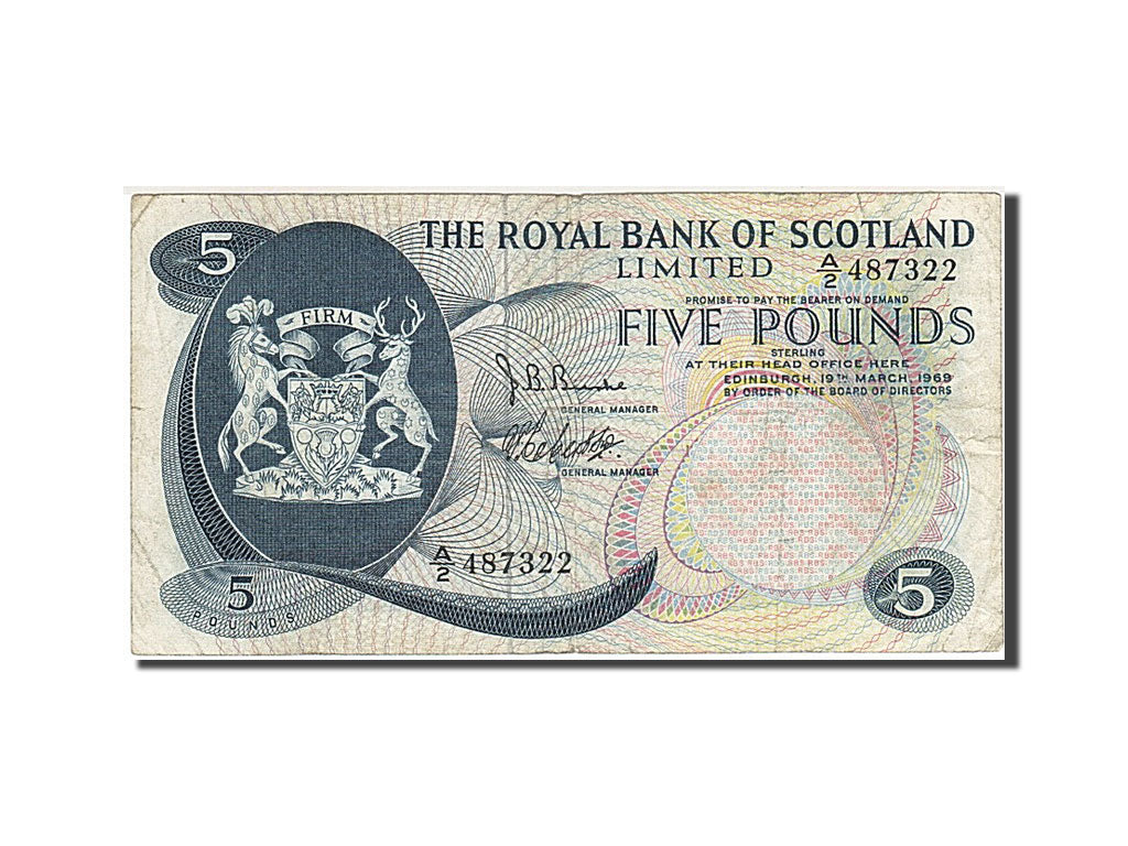 Scotland, 5 Pounds, 1969, KM #330, 1969-03-19, VF(30-35), A/2 487322