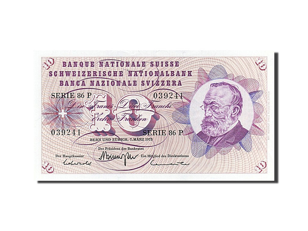 Switzerland, 10 Franken, 1973, KM #45s, 1973-03-07, UNC(63), 86P 039241