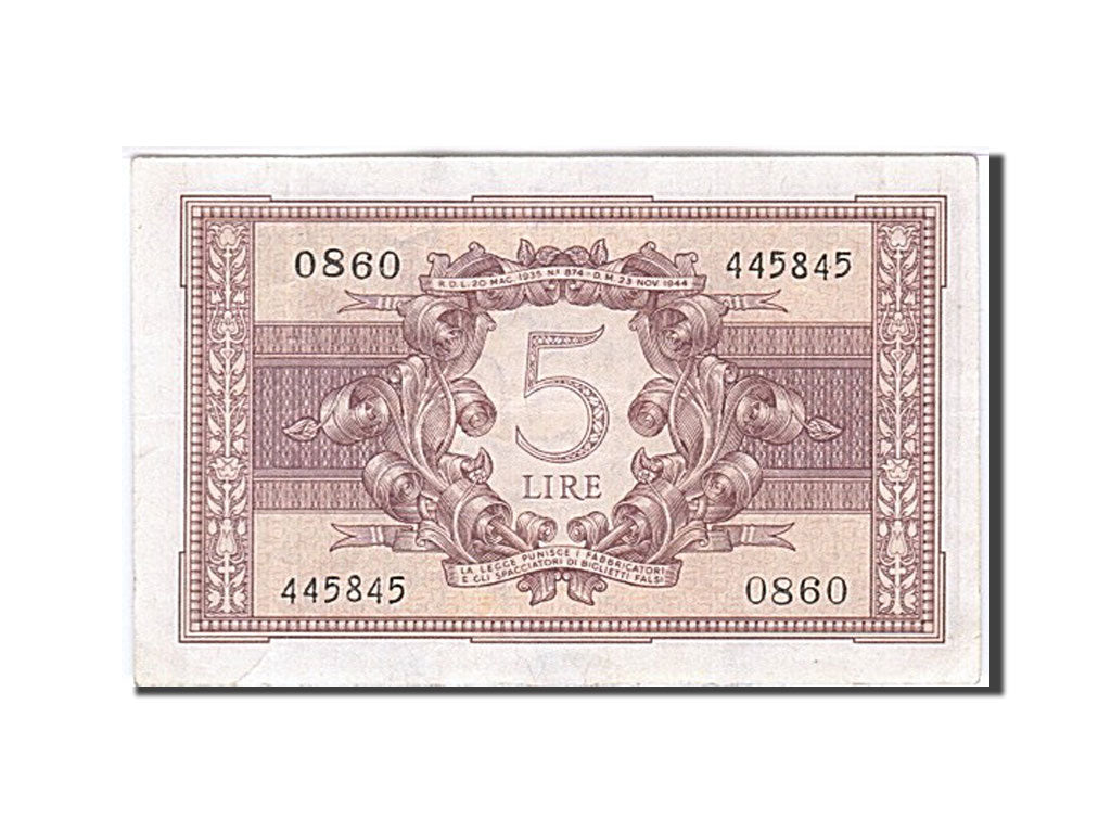 Italy, 5 Lire, 1944, KM #31c, 1944-11-23, EF(40-45), 0860 445845