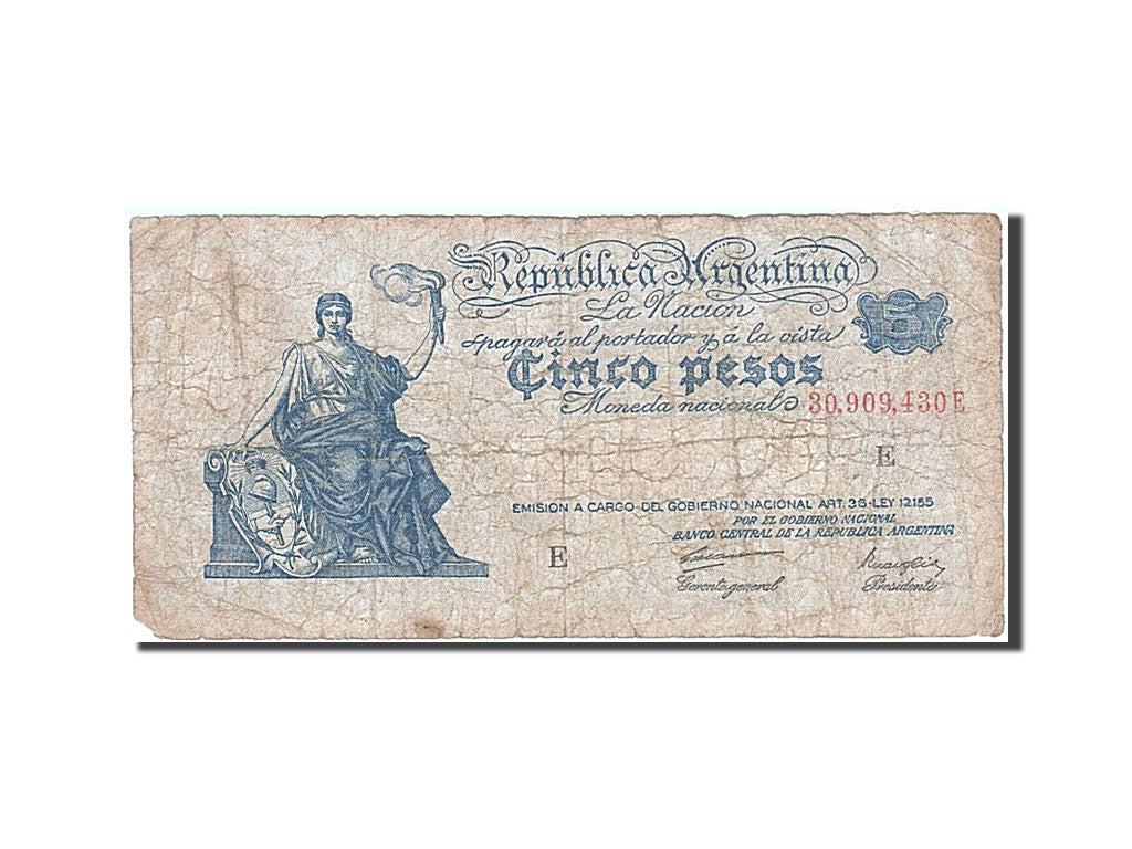 Argentina, 5 Pesos, 1935, KM #252c, VG(8-10), 30.909.430 E