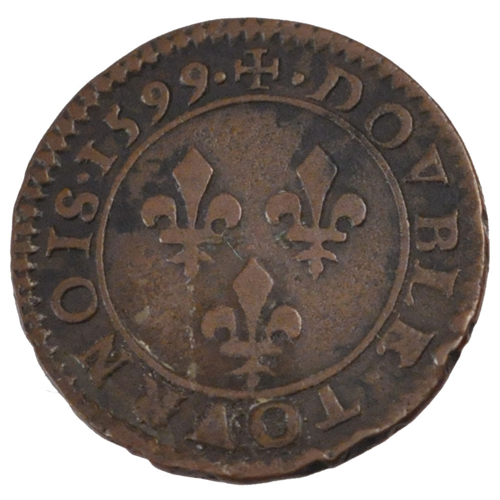 FRANCE, Double Tournois, 1599, Paris, EF(40-45), Copper, Duplessy #1273, 2.88