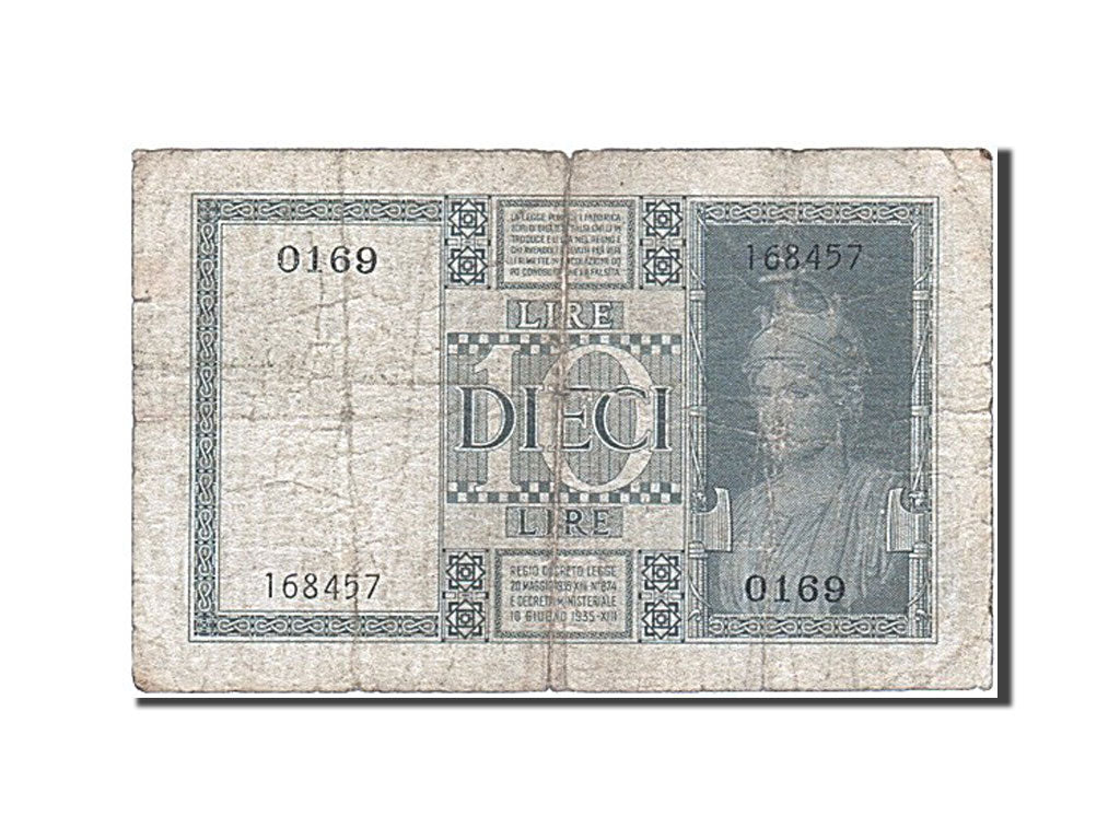 Italy, 10 Lire, 1935, KM #25a, 1935-06-18, VG(8-10), 0169 168457
